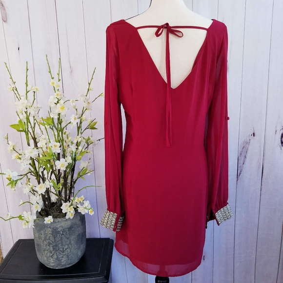 Alya Dresses & Skirts - Alya Beaded Cuffs Red Shift Long Sleeve Dress M